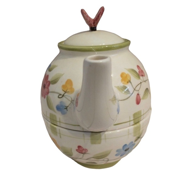 NIB HOME INTERIORS Tea for One Ceramic Floral Teapot & Cup Set w/ Butterfly Lid - Picture 7 of 9
